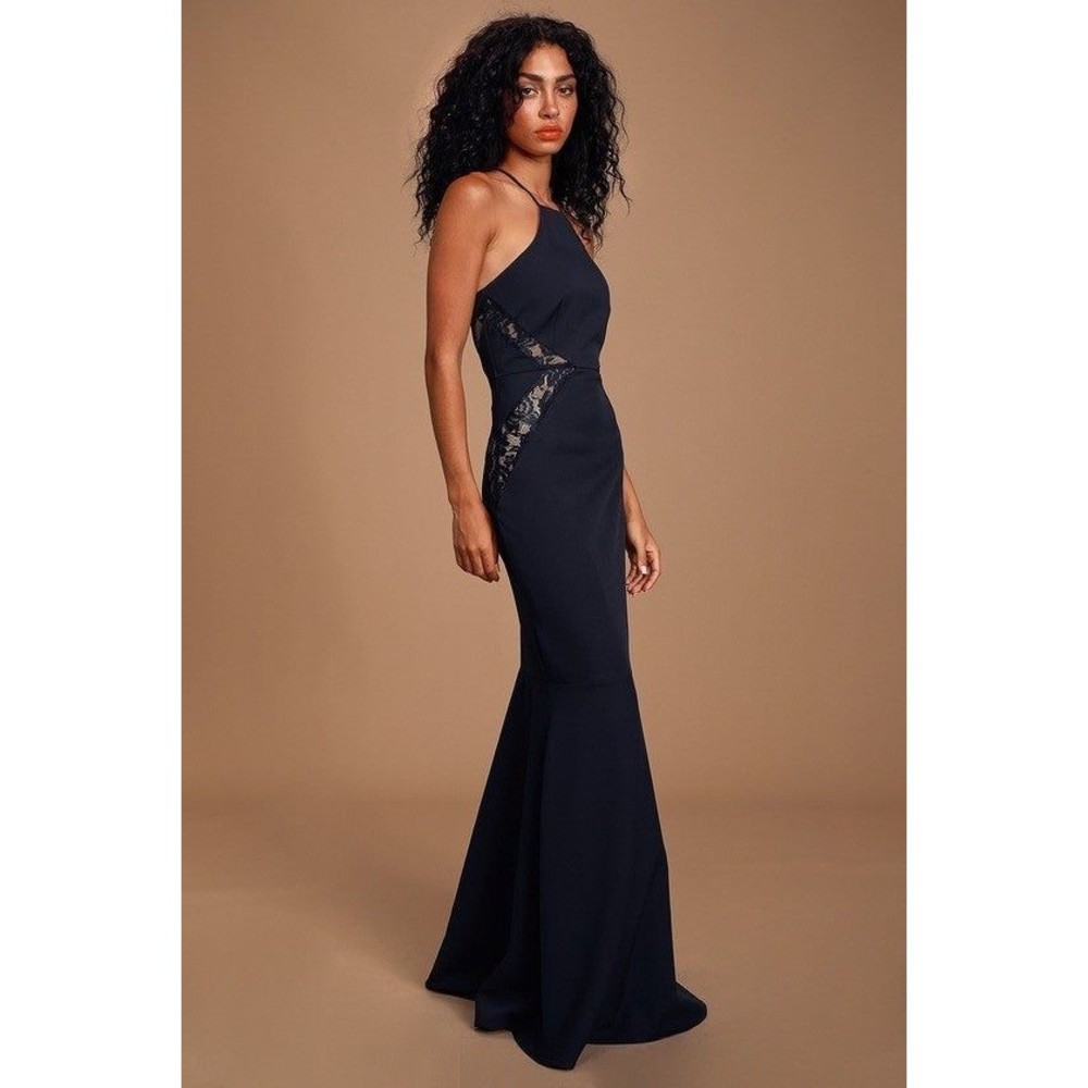 LULUS GIAVANNA NAVY BLUE LACE MERMAID MAXI DRESS